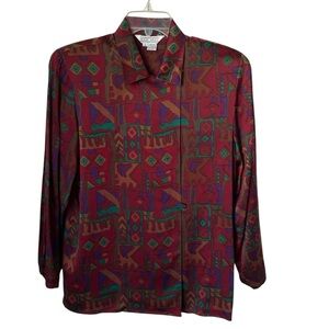 Vintage‎ Ann May Medium Silk Vintage Multicolor Geometric Blouse Collared